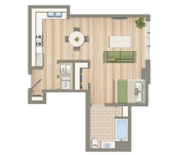 A floor plan of a house with a kitchen, living room, and bathroom.