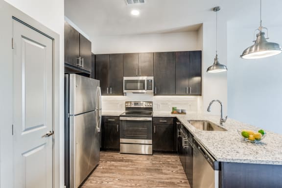 a kitchen with stainless steel appliances and a granite countertop