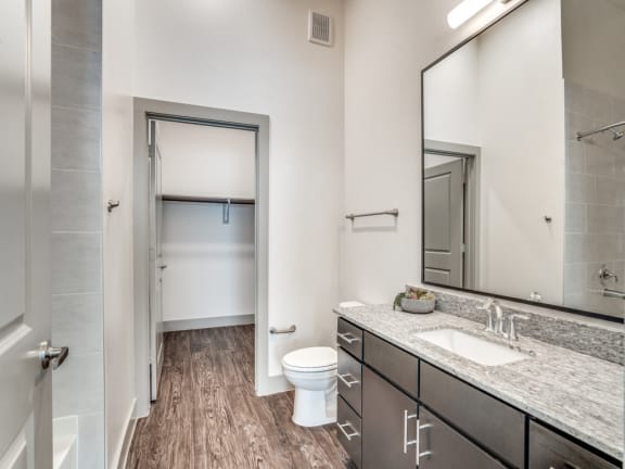 a bathroom with a large mirror and a toilet