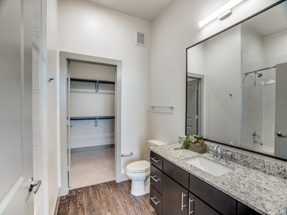 a bathroom with a large mirror and a toilet