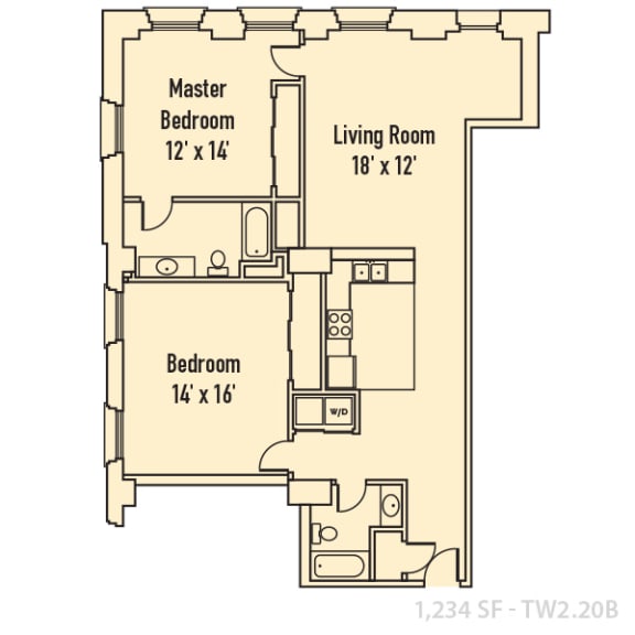 2 bedroom 2 bathroom Floor plan B at 26 West Apartments, Indianapolis, Indiana