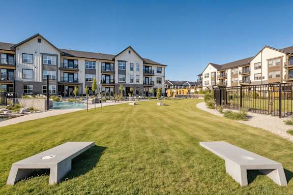 A park with benches and apartment buildings in the background.
