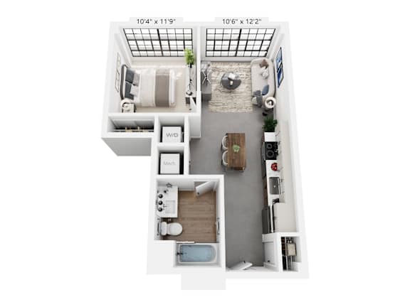 Floor Plan  A top-down view of a small apartment with a kitchen, living room, and bathroom.