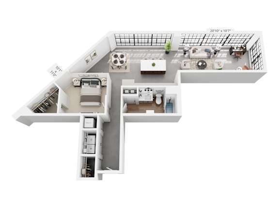 Floor Plan  A floor plan of a house with a kitchen, living room, and two bedrooms.