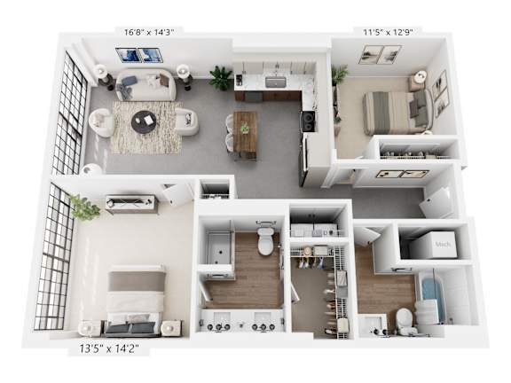 A floor plan of a house with three bedrooms, a living room, a kitchen, and a bathroom.