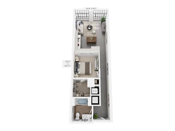 Floor Plan  A top-down view of a small apartment with a kitchen, living room, and bathroom.