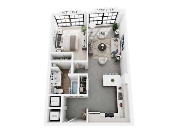 The Eugene – 735 sq ft 1-bedroom loft apartment Cole Motor Indianapolis | polished concrete, downtown