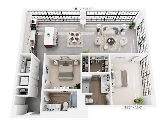The Walter – 1,338 sq ft 2-bedroom 2-bath loft Cole Motor Indianapolis | one of the largest 2BR downtown