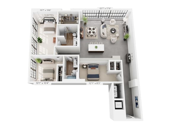 The Williams – 1,605 sq ft 3-bedroom 2-bath loft Cole Motor Indianapolis | largest floor plan downtown