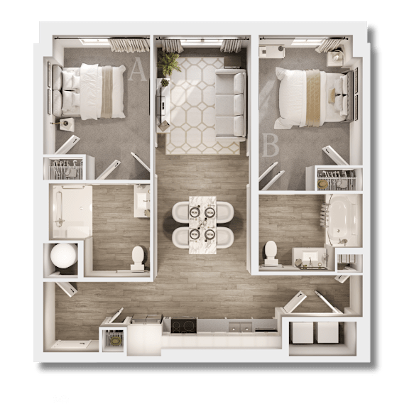 A floor plan of a small apartment with two bedrooms and a living area.