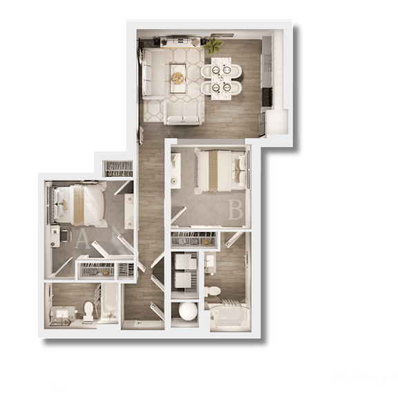 A floor plan of a house with labeled rooms A, B, and C.