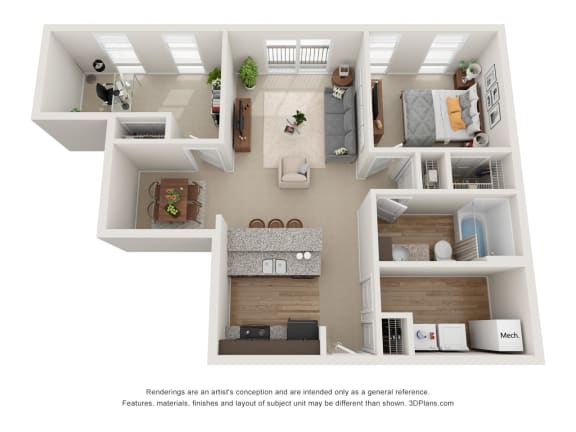 1 bedroom 1 bathroom Floor plan C at 310 @ Nulu Apartments, Kentucky, 40202, 881 Sq. Ft.
