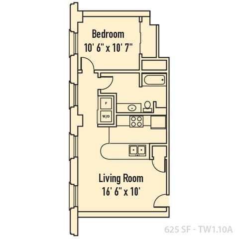 1 Bed 1 Bath Floor Plan at 26 West Apartments, Indianapolis, 46204