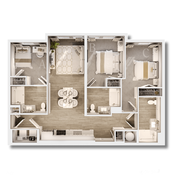 A detailed 3D floor plan of a residential apartment layout.