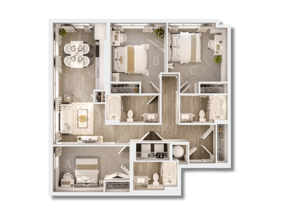 A detailed floor plan of a house with labeled rooms A, B, and C.