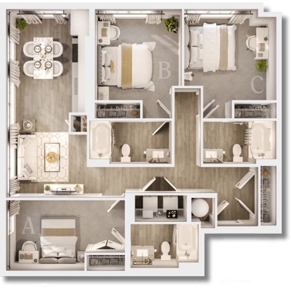 A floor plan of a house with labeled rooms A, B, C, and D.
