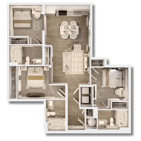 A detailed 3D floor plan of a house layout.