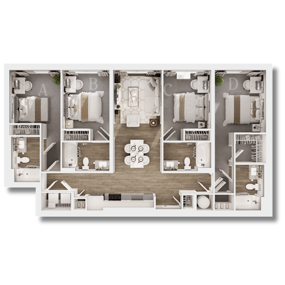 A floor plan of a house with labeled rooms A, B, C, and D.