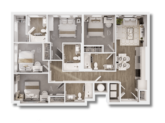 A detailed floor plan of a house with labeled rooms A, B, C, and D.
