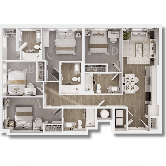 A detailed 3D floor plan of a house layout.
