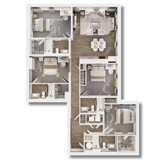 A floor plan of a house with labeled rooms A, B, C, and D.