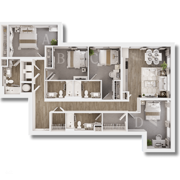 A detailed 3D floor plan of a multi-bedroom apartment.