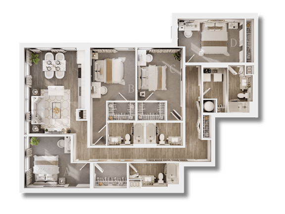 A detailed floor plan of a house with labeled rooms and furniture.