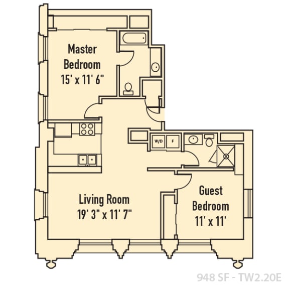 2 bedroom 2 bathroom Floor plan E at 26 West Apartments, Indiana, 46204