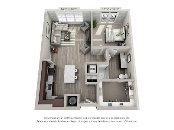 1 Bed A3 Floor Plan at The Foundry, South Bend, 46617