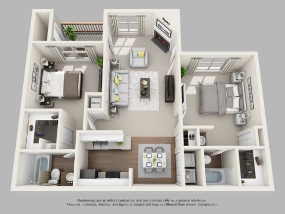 2 Bed 2 Bath Floor Plan at Canter Chase Apartments, Louisville, KY, 1005 Sq. Ft.