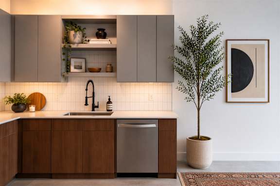 Modern industrial kitchen at Cole Motor Apartments featuring warm wood cabinetry, stainless steel appliances, matte black fixtures, open shelving, and contemporary loft-style finishes in Indianapolis, IN.