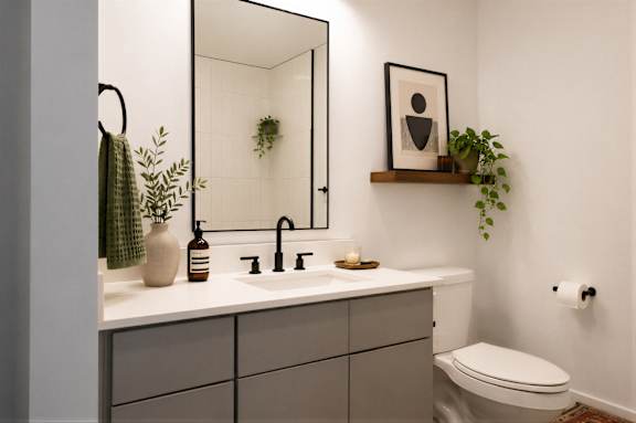 Modern apartment bathroom at Cole Motor Apartments featuring a double vanity, matte black fixtures, oversized mirror, contemporary cabinetry, and clean minimalist finishes in Indianapolis, IN.