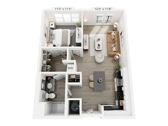 The Harmony floor plan at Contrast OTR in Cincinnati’s Over-the-Rhine is a modern one-bedroom, one-bathroom layout with open living, sleek kitchen, walk-in closet, and in-unit washer and dryer—ideal for downtown living near TQL Stadium