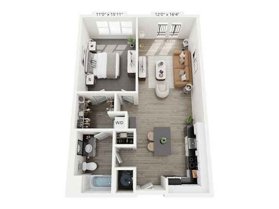 The Harmony floor plan at Contrast OTR in Cincinnati’s Over-the-Rhine is a modern one-bedroom, one-bathroom layout with open living, sleek kitchen, walk-in closet, and in-unit washer and dryer—ideal for downtown living near TQL Stadium