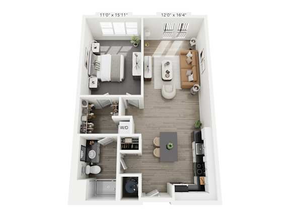 The Harmony floor plan at Contrast OTR in Cincinnati’s Over-the-Rhine is a modern one-bedroom, one-bathroom layout with open living, sleek kitchen, walk-in closet, and in-unit washer and dryer—ideal for downtown living near TQL Stadium