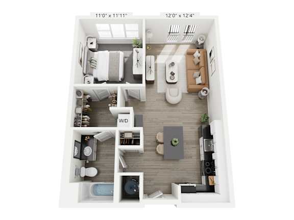 The Harmony floor plan at Contrast OTR in Cincinnati’s Over-the-Rhine is a modern one-bedroom, one-bathroom layout with open living, sleek kitchen, walk-in closet, and in-unit washer and dryer—ideal for downtown living near TQL Stadium