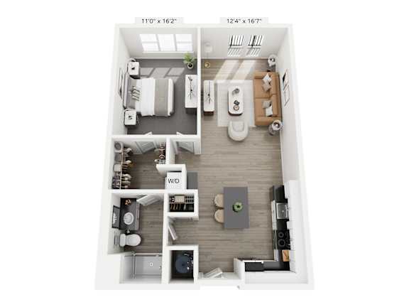 The Harmony floor plan at Contrast OTR in Cincinnati’s Over-the-Rhine is a modern one-bedroom, one-bathroom layout with open living, sleek kitchen, walk-in closet, and in-unit washer and dryer—ideal for downtown living near TQL Stadium