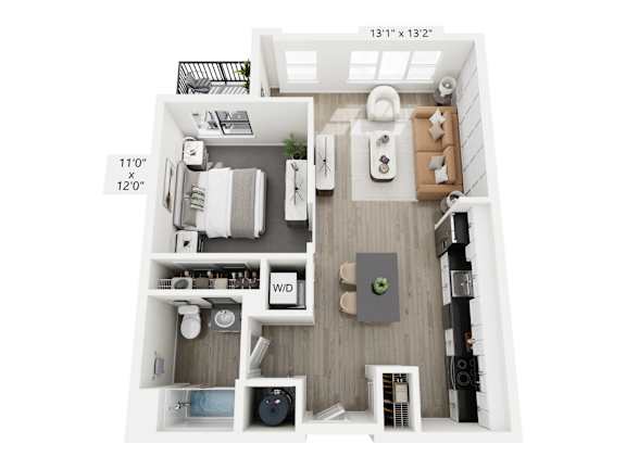 The Spectrum floor plan at Contrast OTR in Cincinnati’s Over-the-Rhine is a modern one-bedroom with open living, large windows, a walk-in closet, and in-unit laundry—perfect for vibrant downtown living near TQL Stadium