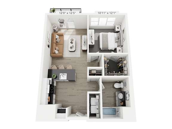 The Highlight floor plan at Contrast OTR in Cincinnati, Ohio’s Over-the-Rhine neighborhood is a 717 sq. ft. one-bedroom, one-bathroom apartment featuring an open-concept layout, modern kitchen, walk-in closet, and in-unit washer and dryer—perfect for urban living near TQL Stadium and downtown