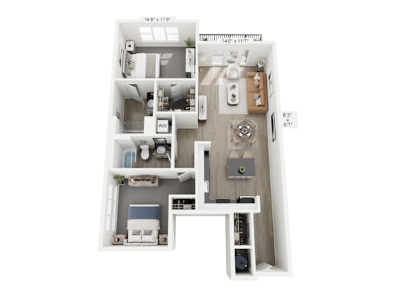 The Fusion floor plan at Contrast OTR in Cincinnati’s Over-the-Rhine is a two-bedroom, two-bath with open living, kitchen island, and in-unit laundry—ideal for vibrant downtown living near TQL Stadium