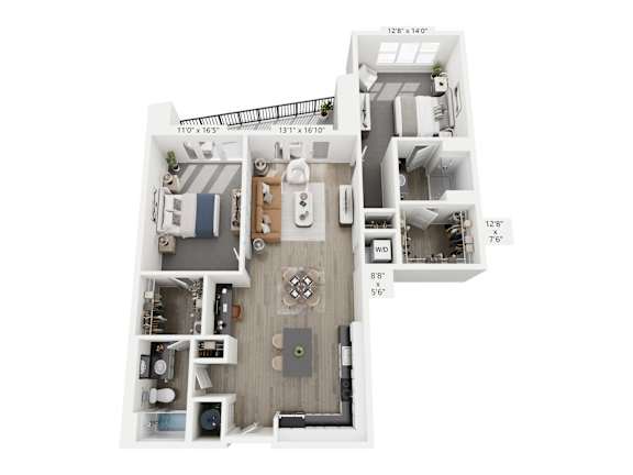 The Shadow floor plan at Contrast OTR in Cincinnati’s Over-the-Rhine is a two-bedroom, two-bath with open layout, modern finishes, and in-unit laundry—perfect for downtown living near TQL Stadium.