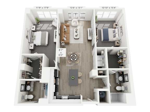 The Balance floor plan at Contrast OTR in Cincinnati’s Over-the-Rhine is a two-bedroom, two-bath with open layout, walk-in closets, and in-unit laundry—ideal for modern downtown living near TQL Stadium