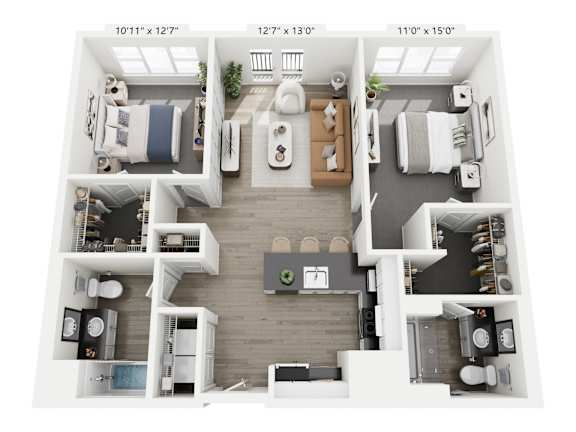 The Balance floor plan at Contrast OTR in Cincinnati’s Over-the-Rhine is a two-bedroom, two-bath with open layout, walk-in closets, and in-unit laundry—ideal for modern downtown living near TQL Stadium