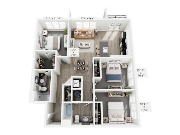 The Seam floor plan at Contrast OTR in Cincinnati’s Over-the-Rhine is a three-bedroom, two-bath with open living, modern kitchen, and in-unit laundry—perfect for spacious downtown living near TQL Stadium