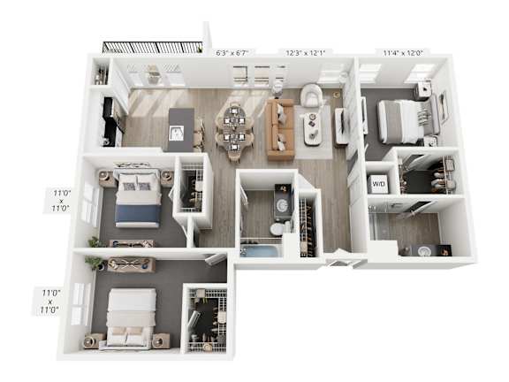 The Pivot floor plan at Contrast OTR in Cincinnati’s Over-the-Rhine is a three-bedroom, two-bath with open layout, ample storage, and in-unit laundry—ideal for modern living near TQL Stadium.