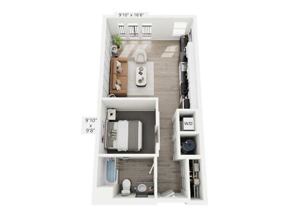 A floor plan of a small apartment with a bedroom, living room, and kitchen.