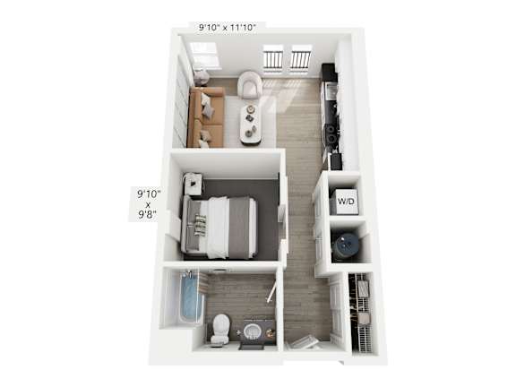 The Echo floor plan at Contrast OTR in Cincinnati’s Over-the-Rhine is a stylish studio apartment with an open layout, modern kitchen, sleeping nook, and in-unit washer and dryer—perfect for efficient urban living near downtown and TQL Stadium
