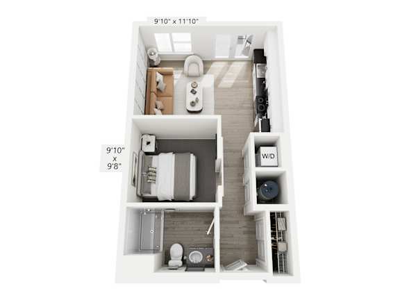 The Echo floor plan at Contrast OTR in Cincinnati’s Over-the-Rhine is a stylish studio apartment with an open layout, modern kitchen, sleeping nook, and in-unit washer and dryer—perfect for efficient urban living near downtown and TQL Stadium