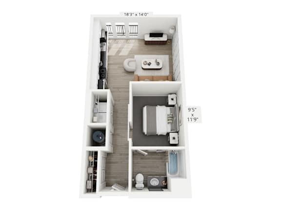 The Echo floor plan at Contrast OTR in Cincinnati’s Over-the-Rhine is a stylish studio apartment with an open layout, modern kitchen, sleeping nook, and in-unit washer and dryer—perfect for efficient urban living near downtown and TQL Stadium