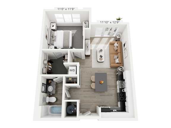 The Harmony floor plan at Contrast OTR in Cincinnati’s Over-the-Rhine is a modern one-bedroom, one-bathroom layout with open living, sleek kitchen, walk-in closet, and in-unit washer and dryer—ideal for downtown living near TQL Stadium
